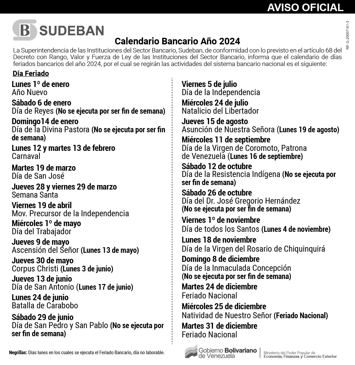 Sudeban publicó calendario de 2024 Conoce los feriados bancarios