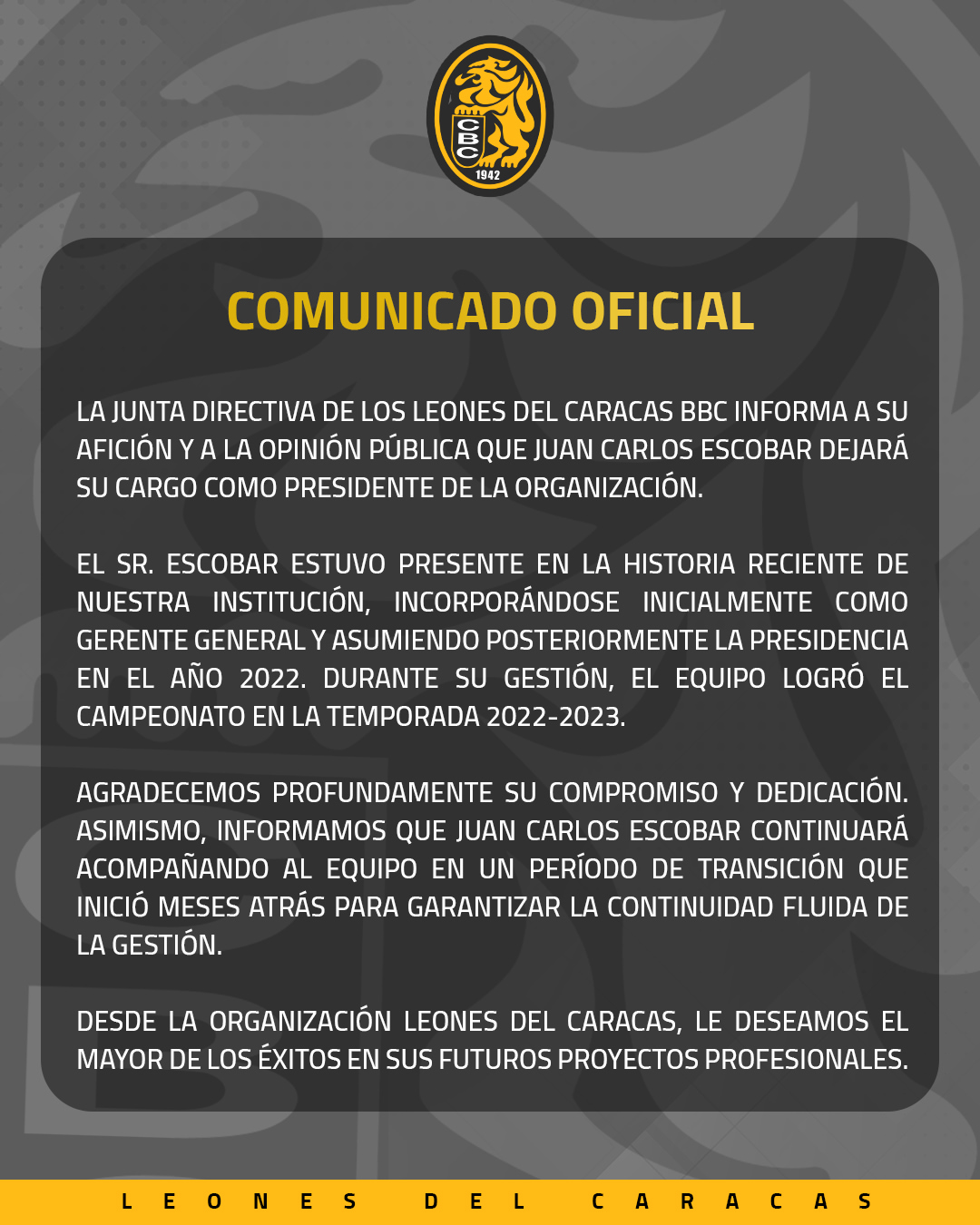 ¡Bomba en la LVBP! Juan Carlos Escobar le dice adiós a la presidencia de los Leones del Caracas ¡Bomba en la LVBP! Juan Carlos Escobar le dice adiós a la presidencia de los Leones del Caracas